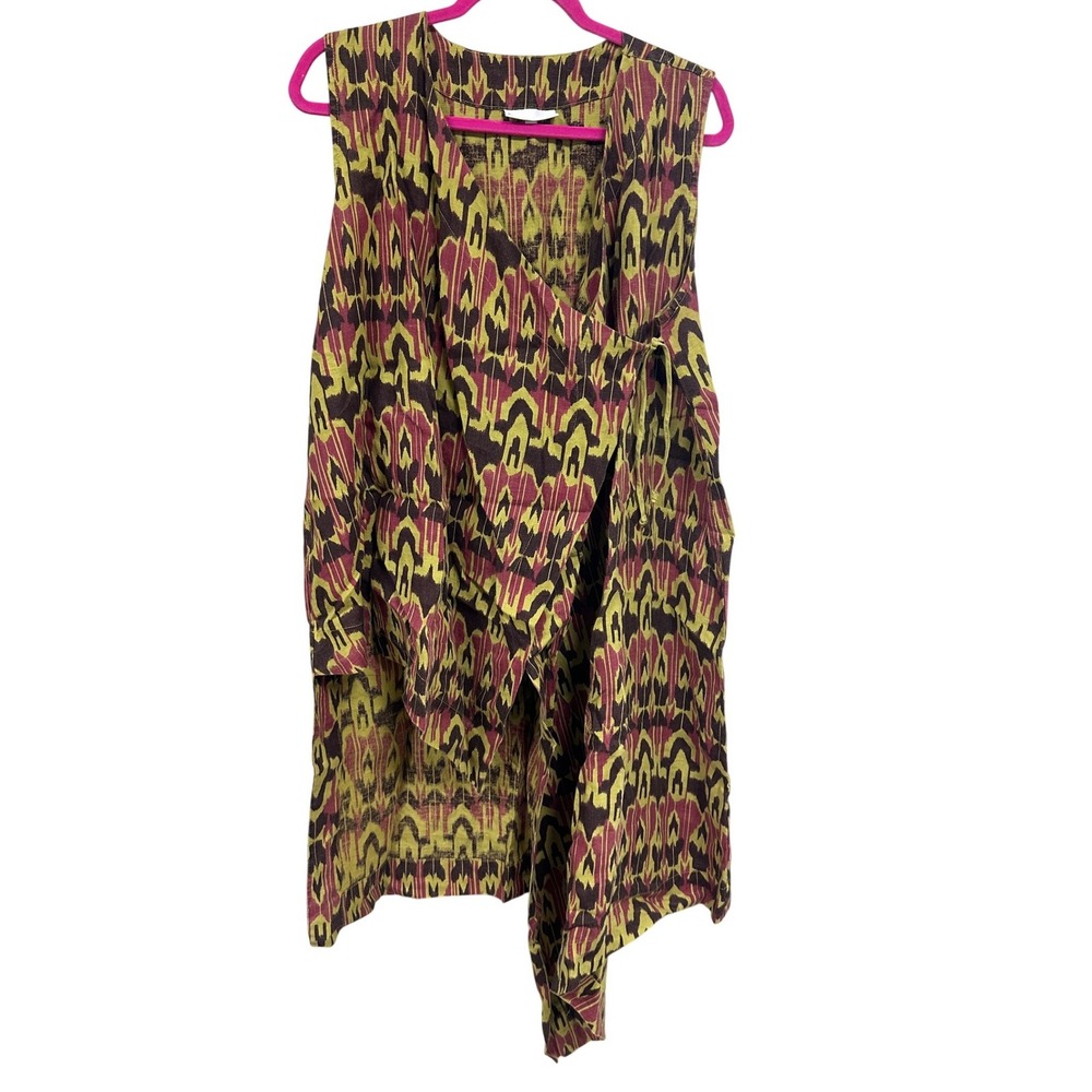Bryn Walker Womens Medium 2 Piece Linen Set Ikat Print Asymmetric Top Crop Pants
